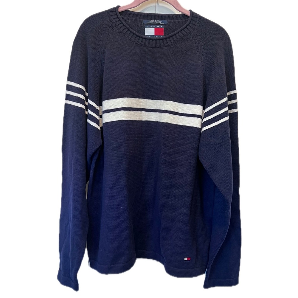 Vintage Tommy Hilfiger Men's Sweater in Navy with White Stripes Cotton Sz Large